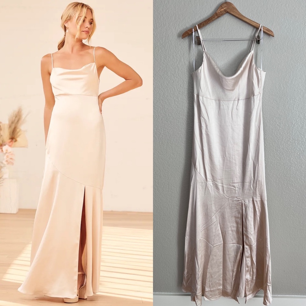 Champagne satin cowl neck long wedding bridal maxi dress